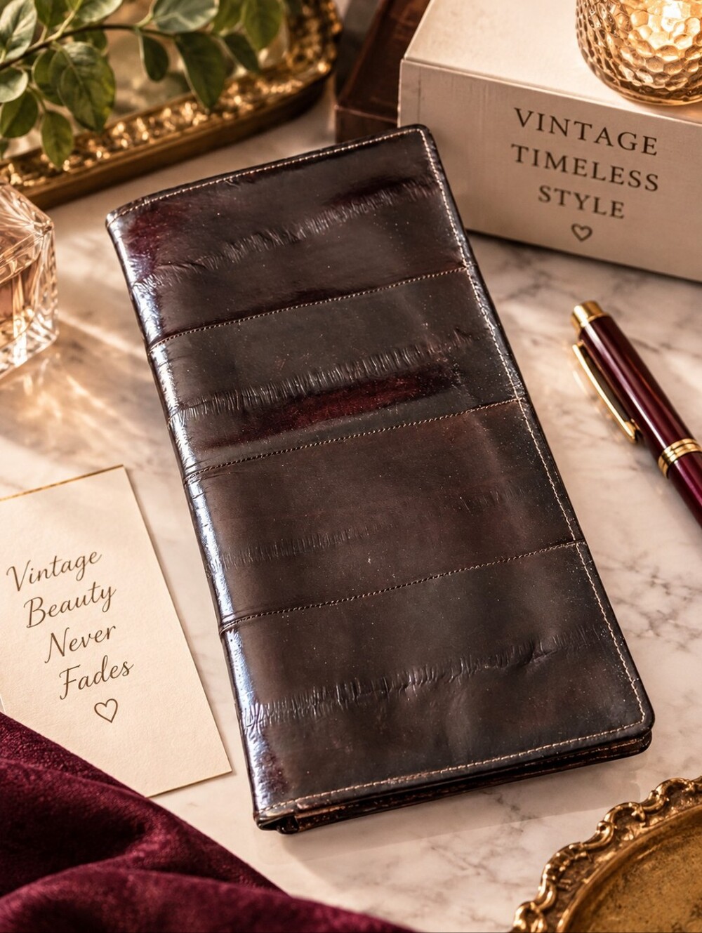 Vintage 1980s Genuine Eel Skin Checkbook Wallet Clutch Made in Korea Burgundy